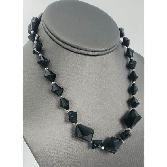 Vtg Trifari Black Bicone Beaded Geometric Necklace, Bracelet, and Earrings Set - Picture 4 of 9